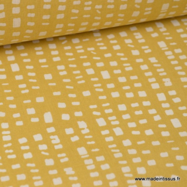 Tissu 100%coton imprimé graphique SADI carrés blancs sur jaune  x1m - Photo n°1