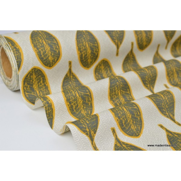 Tissu 100%coton imprimé ENDUIT wax feuilles moutarde et gris - Photo n°1