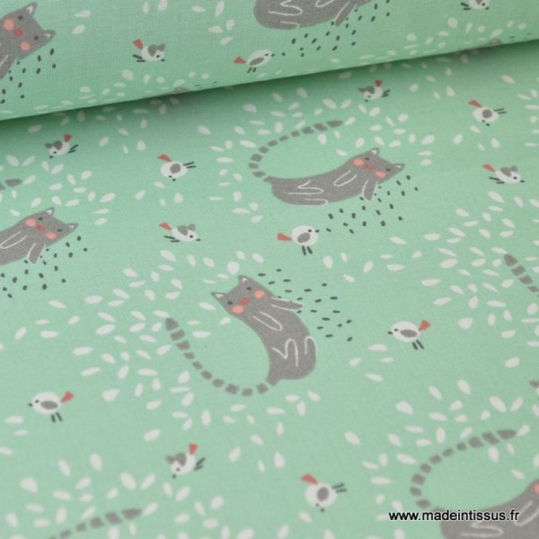 Tissu coton imprimé chats gris fond menthe - Photo n°1