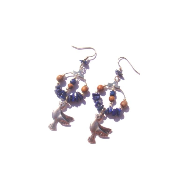 Boucles oreilles Lapis Lazuli, Colombe, Bois 7 CM de hauteur - Photo n°1