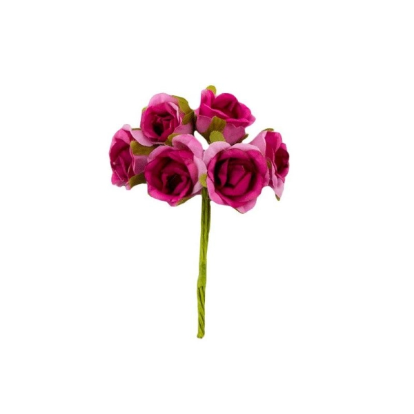Bouquet de 6 Fleurs rose en papier avec tige ROSE ROUGE - Photo n°1