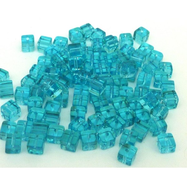 R-25 Perles Cube Angle Arrondi 4,5mm En Verre Transparent Bleu Turquoise - Photo n°1