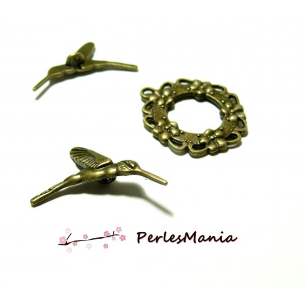 PS1102801 PAX 10 sets fermoirs T toggle Oiseau du Paradis metal couleur Bronze - Photo n°1