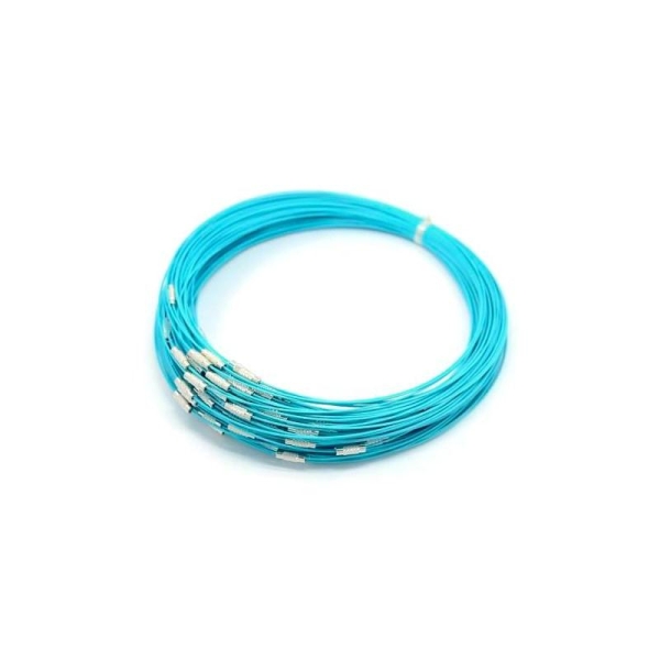 10 Colliers ras de cou tour fil métal câble à vis 44 cm bleu turquoise - Photo n°1