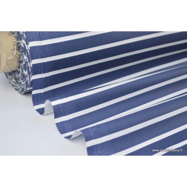 Tissu coton en 75cm enduit rayures marine et blanc - Photo n°1