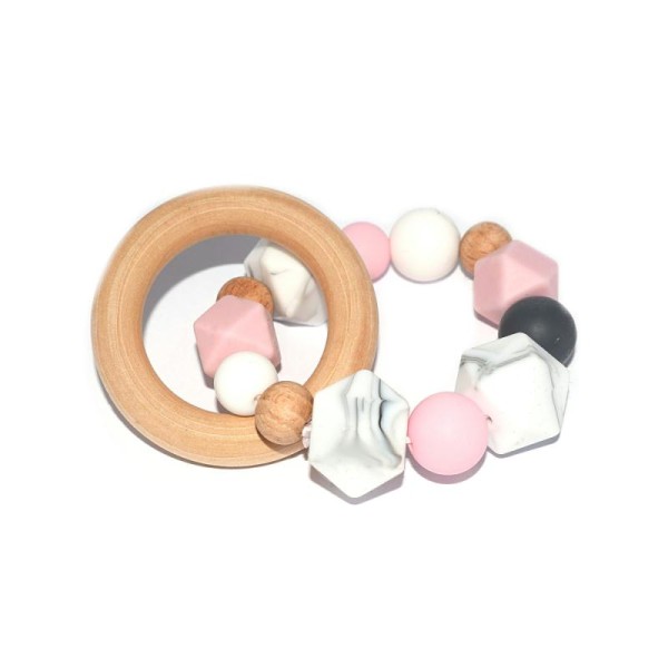 Hochet - Anneau de dentition en bois et silicone gris, blanc, rose