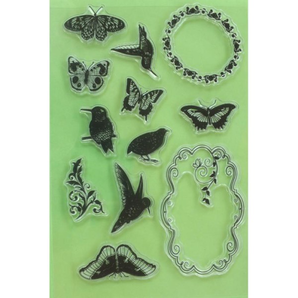 12 Tampons en silicone transparent  motifs : oiseaux,cadres et papillons - Photo n°1