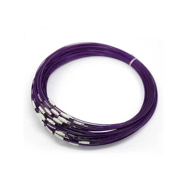 10 Colliers ras de cou tour fil métal câble à vis 44 cm couleur violet - Photo n°1