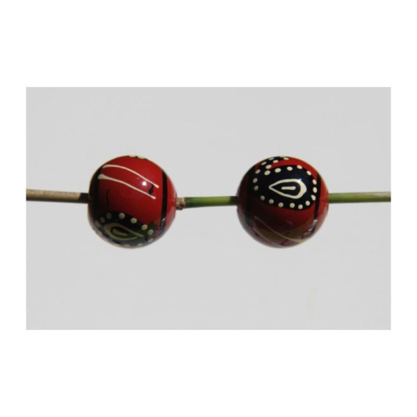 Deux perles rondes en bois chocolat, décor peint à la main, 2 cm de diamètre. - Photo n°1