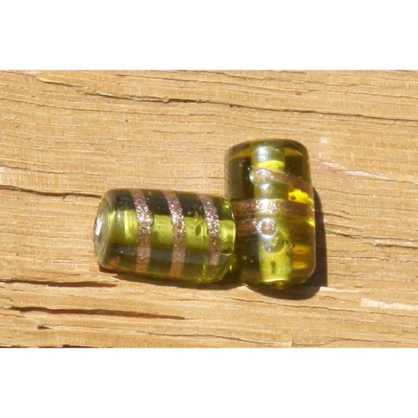 Deux perles rondes tube en verre translucide vert kaki de 15 mm x 10 mm - Photo n°1