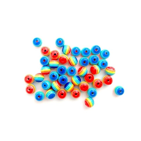 100 Perles en Résine Rond Multicolore Rayées 8mm Dia. - Photo n°1