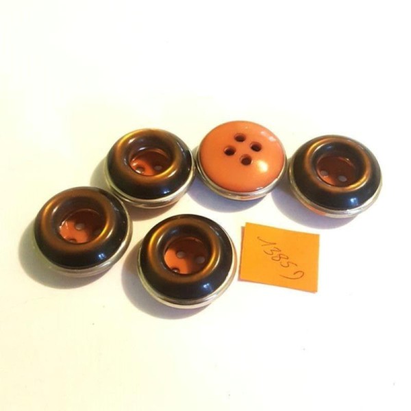 5 Boutons résine marron et métal argenté - 28mm - 1385D - Photo n°1