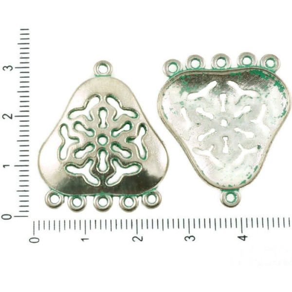 6pcs Antique Ton Argent Turquoise Patine Verte Laver Creux Triangle de Fleur de Lustre pendants de B - Photo n°1