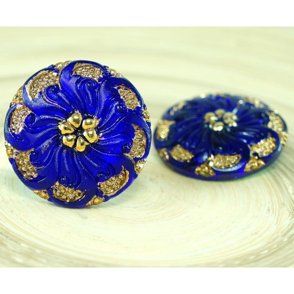 1pc Bleu Foncé Étoile d'Or de Fleur à la Main le Verre tchèque Bouton de Taille 12, 27mm - Photo n°1