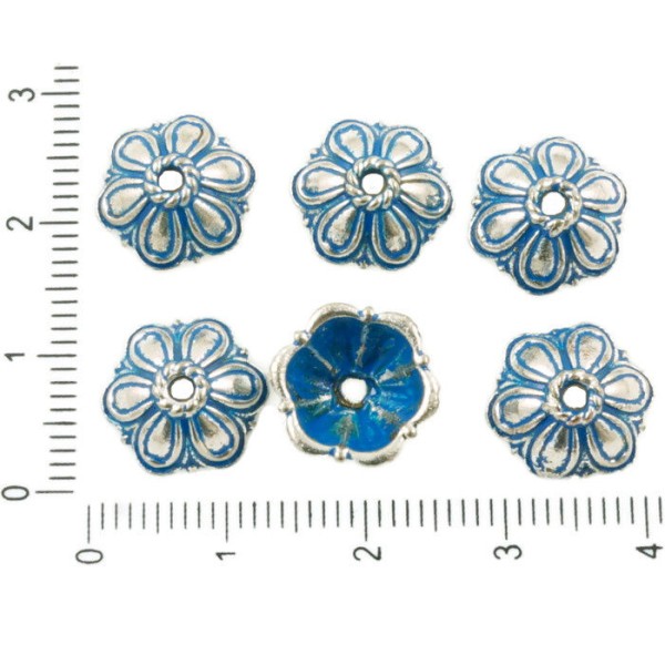 14pcs Antique Ton Argent Bleu Patine Laver grosse Perle Pompon Bouchon de Fleur Floral Rond tchèque - Photo n°1