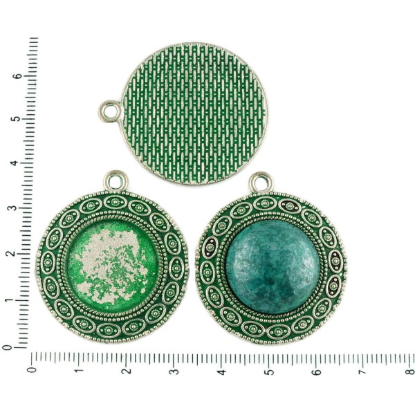 2pcs tchèque Vert Turquoise Patine Antique Ton Argent Pendentif Rond Cabochon Paramètres de Fleur Lu - Photo n°1