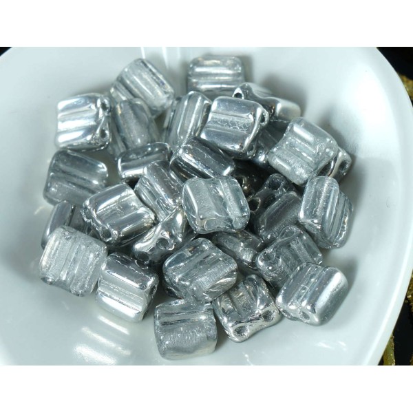 30pcs Argent Cristal-Labrador Soyeux Perles Bloc de Verre tchèque Deux Trous Pressé Perles de 6mm - Photo n°1