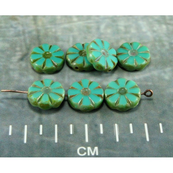 Picasso Vert Turquoise Tableau de Fleurs Coupées Plat Pièce de Verre tchèque Perles de 12mm de 8pcs - Photo n°1