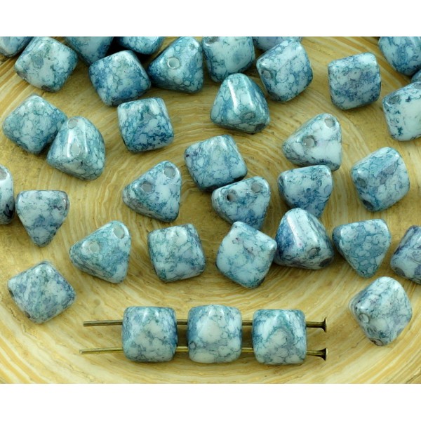 16pcs Picasso Blanc Bleu en terre Cuite Petite Pyramide Goujon 2 Deux Trou de Verre tchèque Perles d - Photo n°1