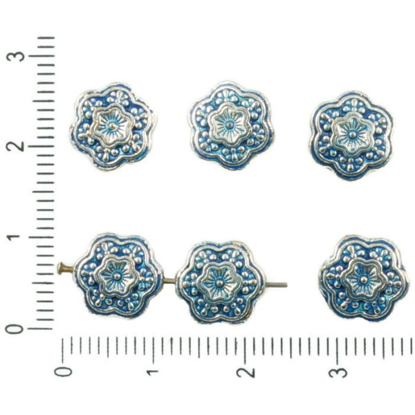 14pcs Antique Ton Argent Bleu Patine de Lavage à Plat Monnaie Rond Fleur Feuille Perles Sculptées De - Photo n°1