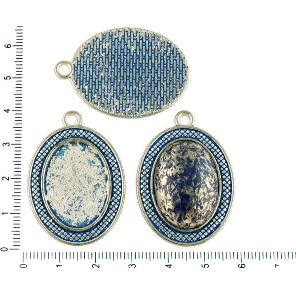 2pcs tchèque Bleu Patine Antique Ton Argent Grand Ovale Pendentif Plaid Cabochon Paramètre Vide Tiro - Photo n°1
