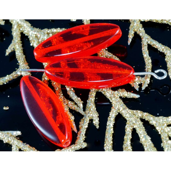 Clair, Rouge, Verre tchèque Plat Ovale Perles de la Table de Coupe 24 mm x 9mm 6pcs - Photo n°1