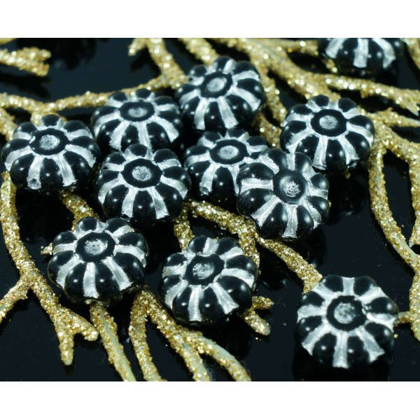 Noir Argent Fleur d'Halloween Verre tchèque Perles de 12 mm x 5 mm 10pcs - Photo n°1
