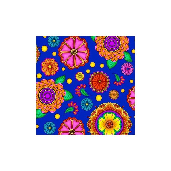Tissu patchwork grandes fleurs hypnotiques fond bleu indigo - Carnivale Dimensions:par 10 cm - Photo n°1