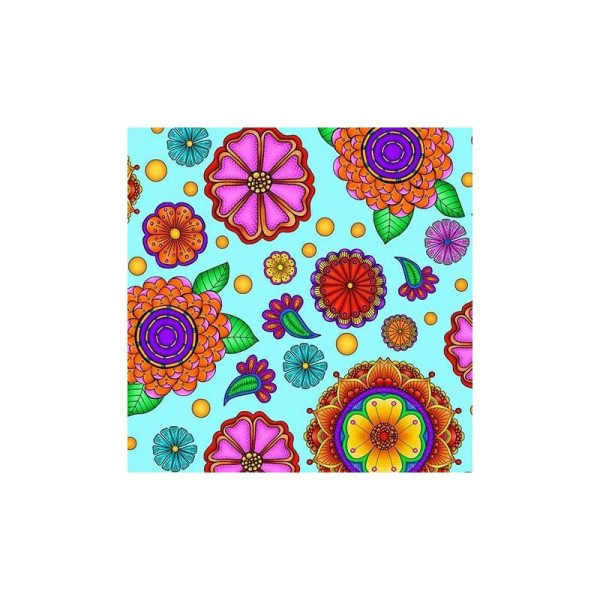 Tissu patchwork grandes fleurs hypnotiques fond turquoise - Carnivale Dimensions:par 10 cm - Photo n°1