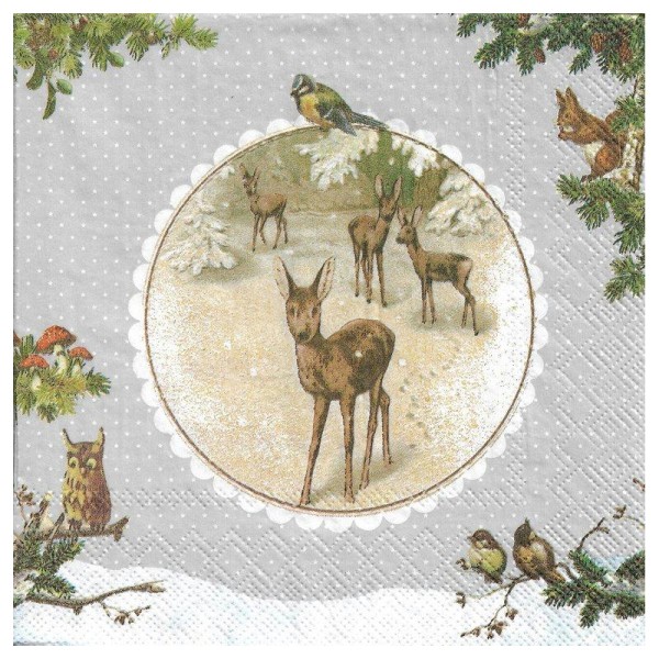 4 Serviettes en papier Animaux de la forêt Faon Oiseaux Hiver Format Lunch - Photo n°1