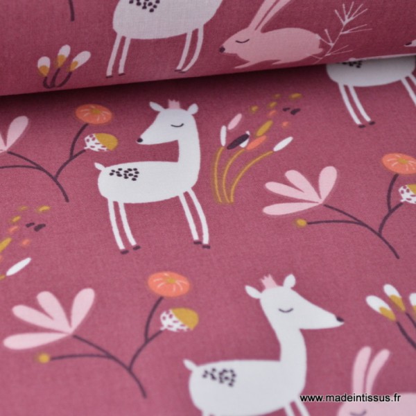 Tissu coton imprimé biches et lapins prune et rose Oeko tex - Photo n°1