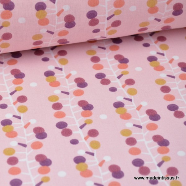 Tissu coton imprimé guirlande rose, prune et moutarde prune et rose Oeko tex - Photo n°1