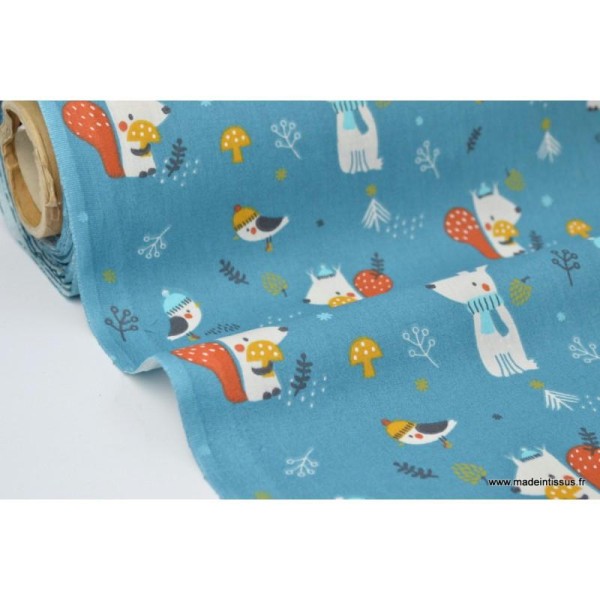 Tissu coton imprimé chiens, oiseaux, champignons et pommes de pin vert canard Oeko tex - Photo n°1