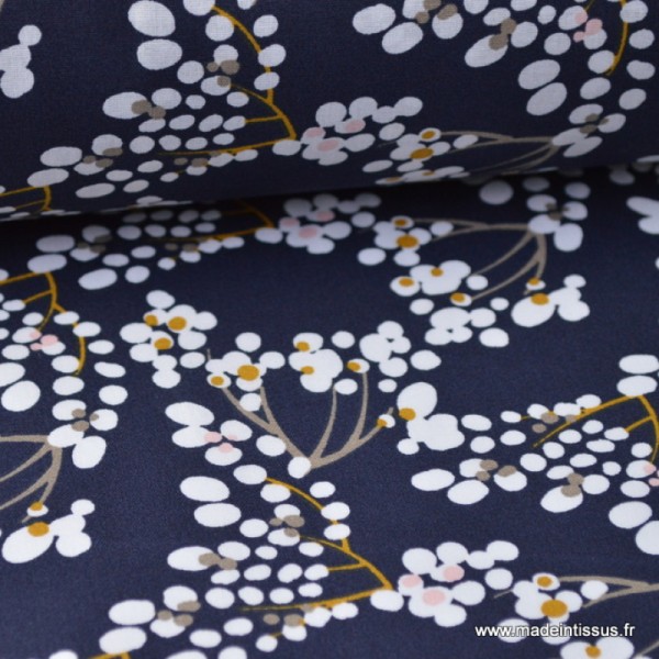 Tissu coton imprimé Cerisiers Japonais Bleu nuit, moutarde, blanc et rose Oeko tex - Photo n°1