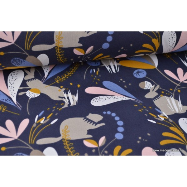 Tissu coton imprimé Lapins, marmottes et feuillage bleu nuit, moutarde, bleu, blanc et rose Oeko tex - Photo n°2