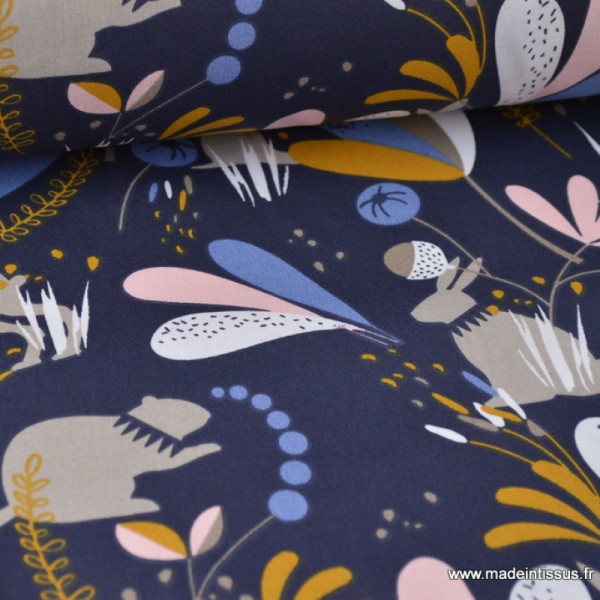 Tissu coton imprimé Lapins, marmottes et feuillage bleu nuit, moutarde, bleu, blanc et rose Oeko tex - Photo n°1