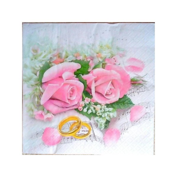 4 serviettes en papier découpage collage 33 cm ALLIANCE MARIAGE ROSE F 604 - Photo n°1