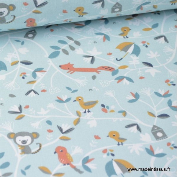 Tissu coton imprimé oiseaux, écureuils, singes et parapluies fond bleu label Oeko tex - Photo n°1