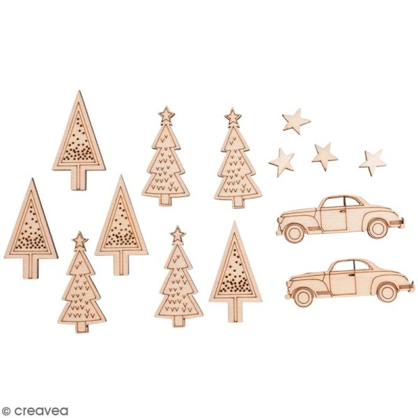 Mini décoration en bois - Sapin de Noël, voiture, étoiles - 1 à 4 cm - 16 pcs - Photo n°1