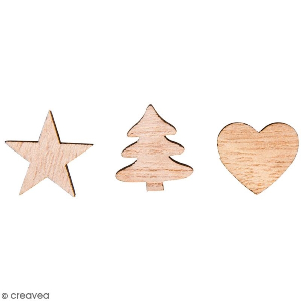 Mini décoration en bois - Coeurs, sapins, étoiles - 1,7 cm - 36 pcs - Photo n°1