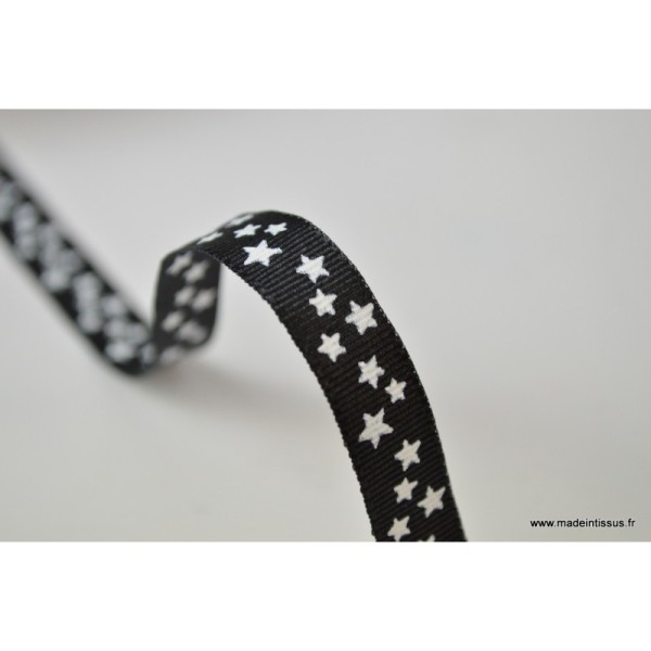 Tissu Ruban gros grain Noir étoiles blanches, 10 mm - Photo n°1