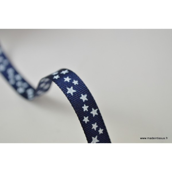Tissu Ruban gros grain Marine étoiles blanches, 10 mm - Photo n°1