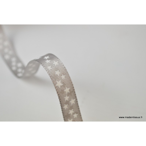 Tissu Ruban gros grain Gris étoiles blanches, 10 mm - Photo n°1