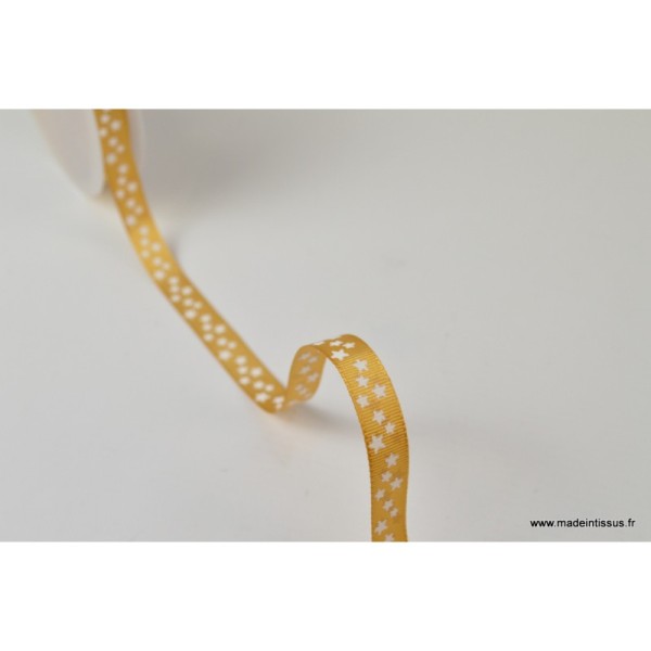 Tissu Ruban gros grain Moutarde étoiles blanches, 10 mm - Photo n°1