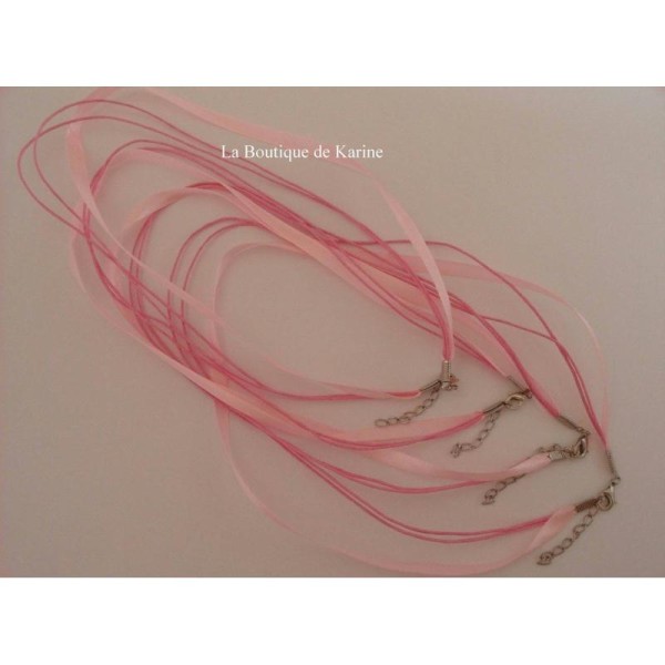 4 COLLIERS CORDONS en coton cire et RUBAN satin rose avec fermoir - creation bijoux perles - Photo n°1