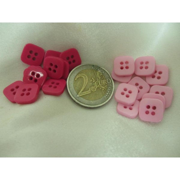 Boutons carrés, 4 trous,en résine,14mm  bi ton rose/violet 10 pces - Photo n°2
