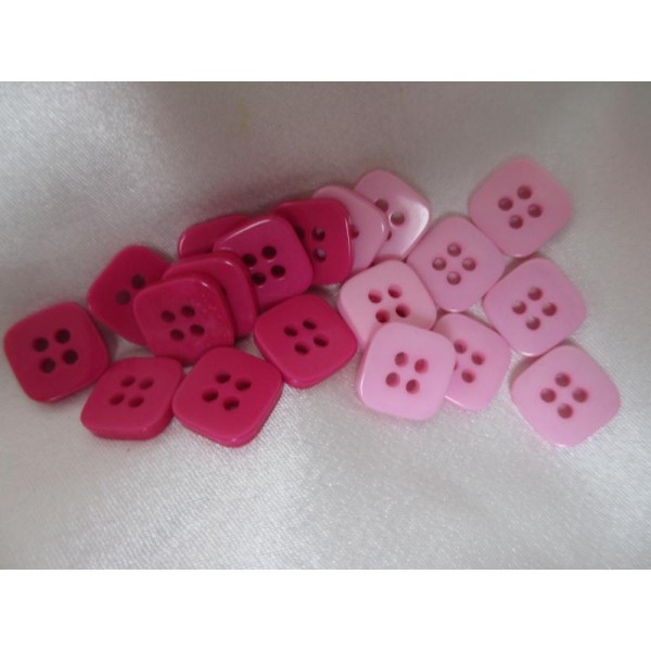Boutons carrés, 4 trous,en résine,14mm  bi ton rose/violet 10 pces - Photo n°1
