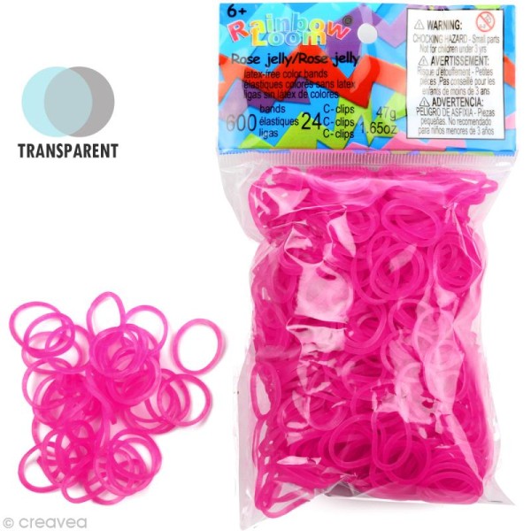 Recharge Rainbow loom 600 élastiques - Rose Jelly + 24 fermoirs - Photo n°1