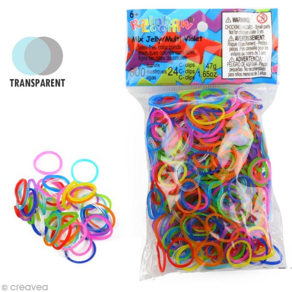 Recharge Rainbow loom 600 élastiques - Multicolore Jelly + 24 fermoirs - Photo n°1