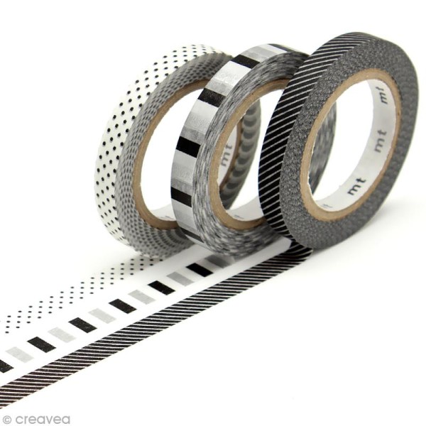 Masking tape slim - Déco noir & blanc - 3 rouleaux 6 mm x 7 m - Photo n°1